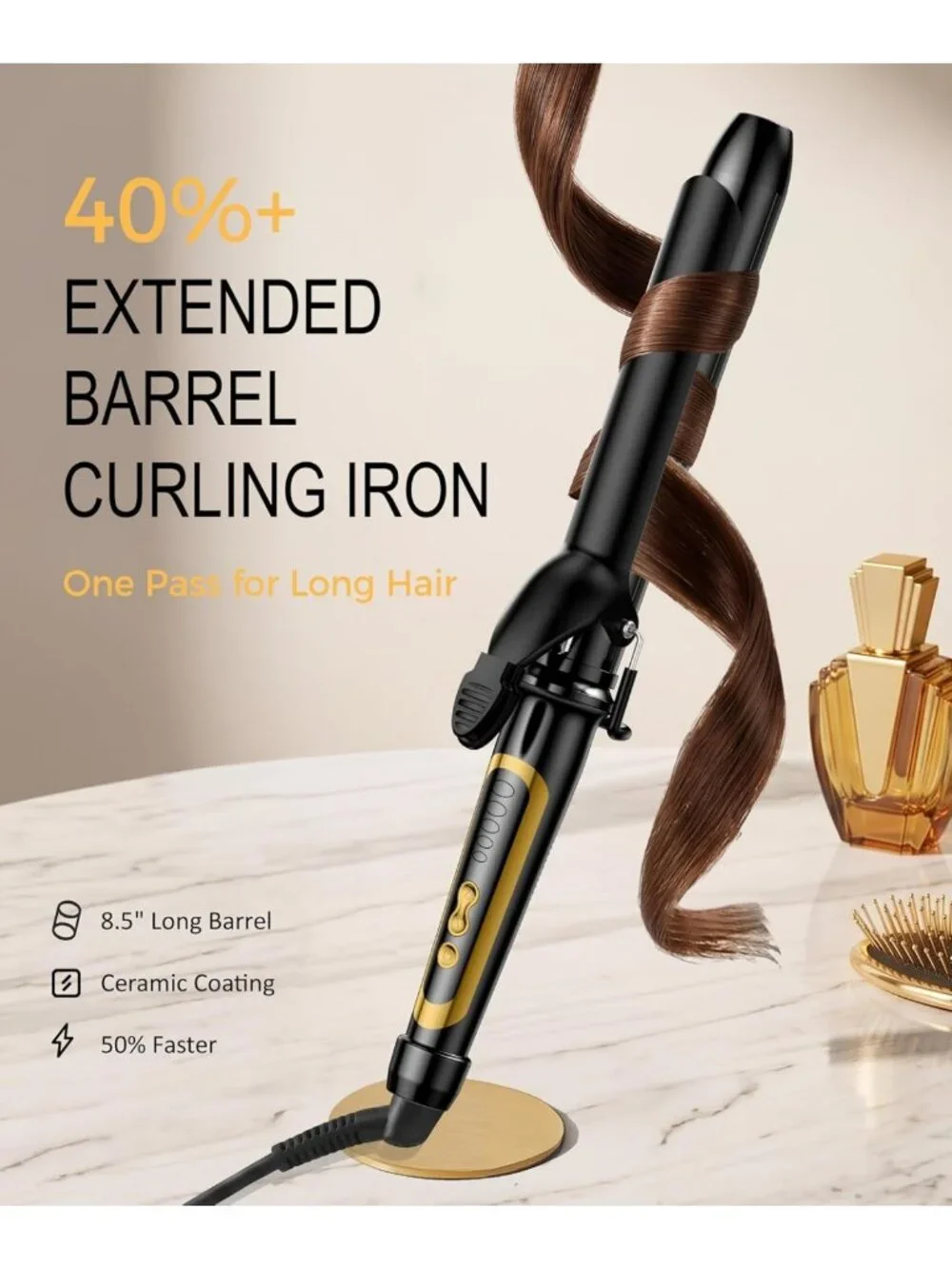1.25 Inch Long Barrel Curling Iron - Tourmaline Ceramic, 5 Heat Settings, Travel